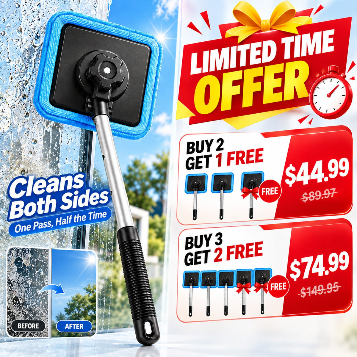 All-In-One Magnetic Window Cleaner🔥 — Dual-Sided Cleaning, Washable Pads for Home & Car | One Kit, Cleaner Glass, Less Effort 💎