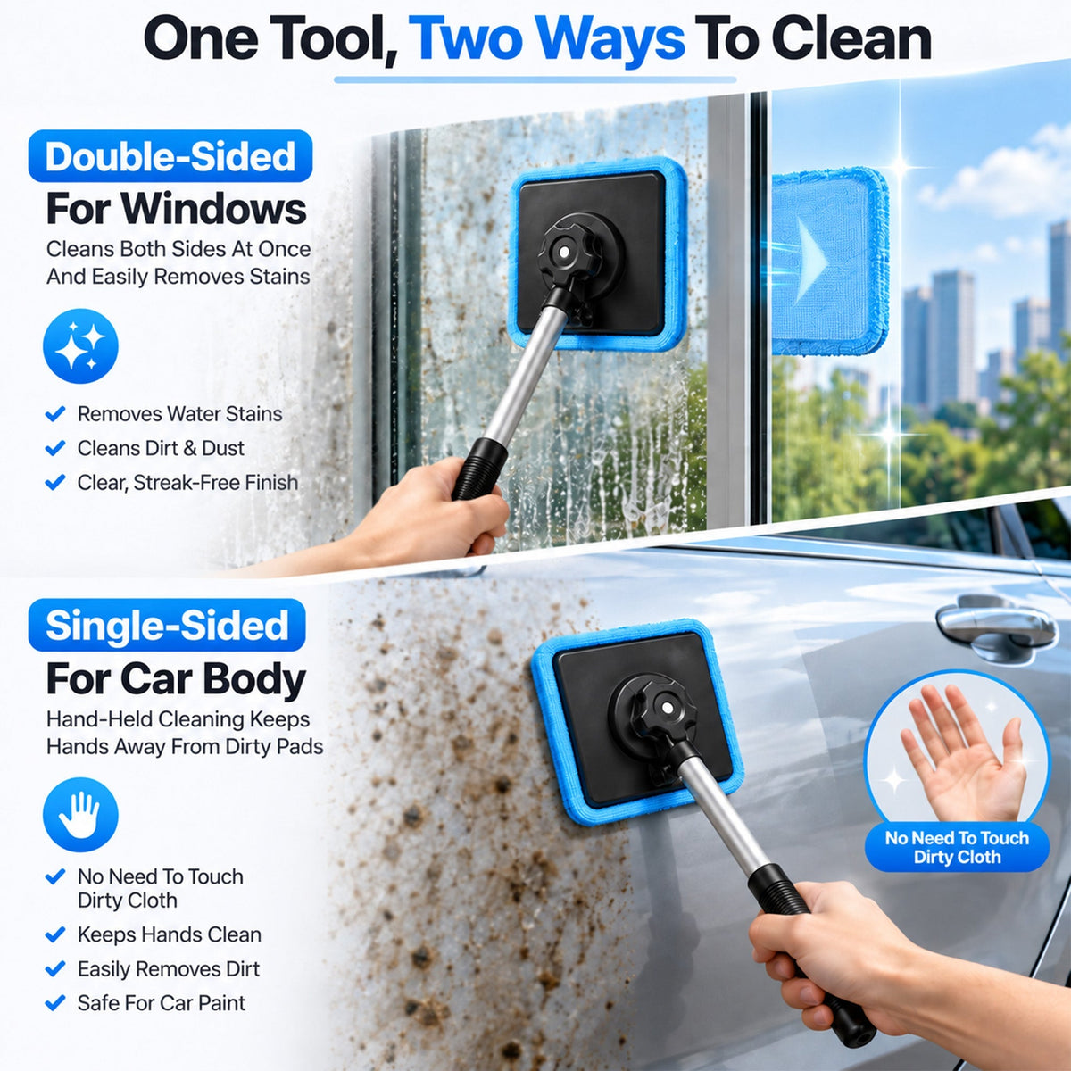 All-In-One Magnetic Window Cleaner🔥 — Dual-Sided Cleaning, Washable Pads for Home & Car | One Kit, Cleaner Glass, Less Effort 💎